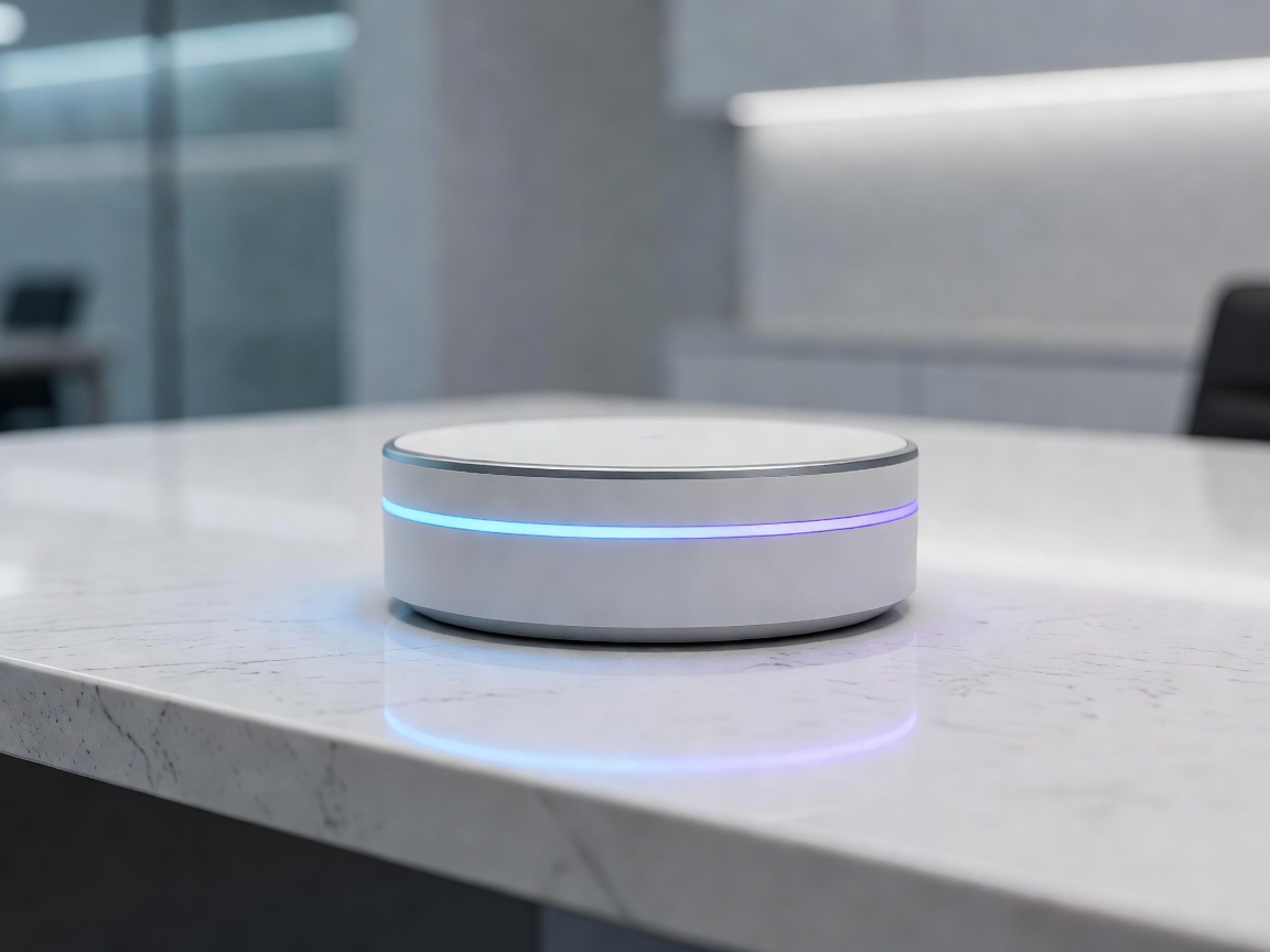 Futuristic voice AI hub unit illuminated with glow on clean desk