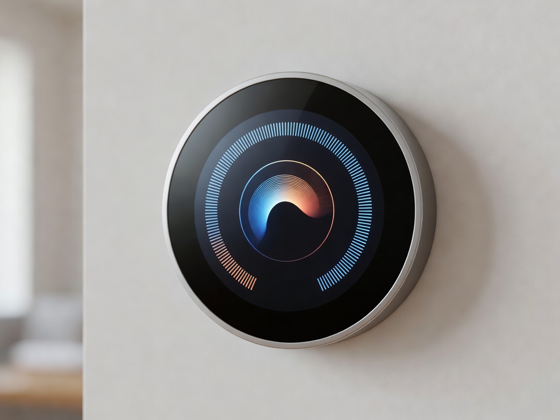 Modern AI controlled smart thermostat display showing ambient temperature setup