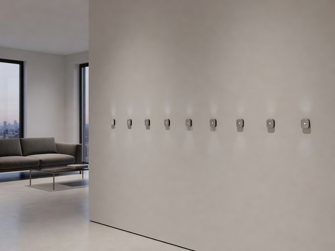 Modern interior with visible smart sensor lights on the wall and secure vision nodes