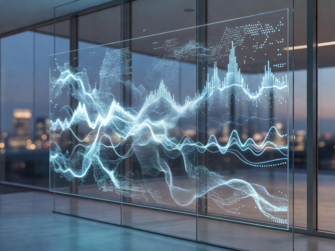 Smart energy glass panel glowing with numerical analytics and AI power metrics