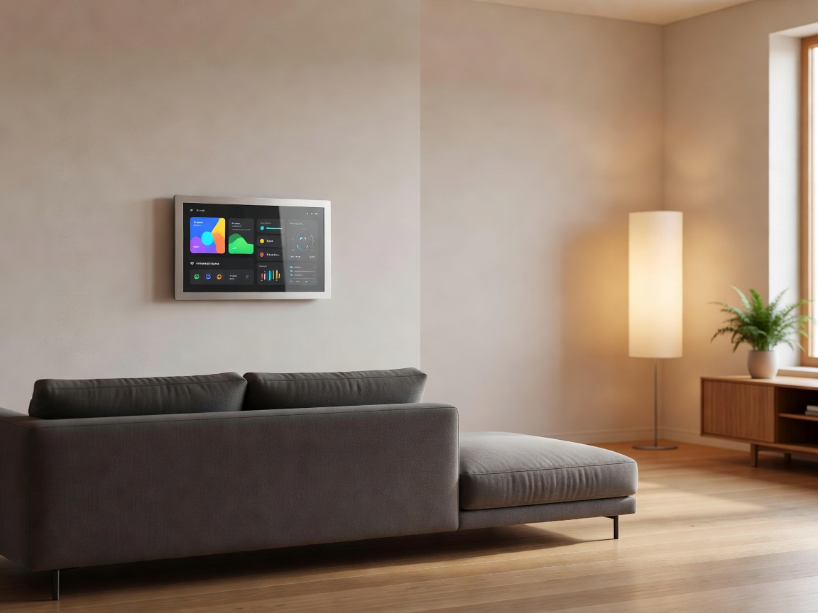 Smart home touchscreen controller on living room wall running Matter protocol