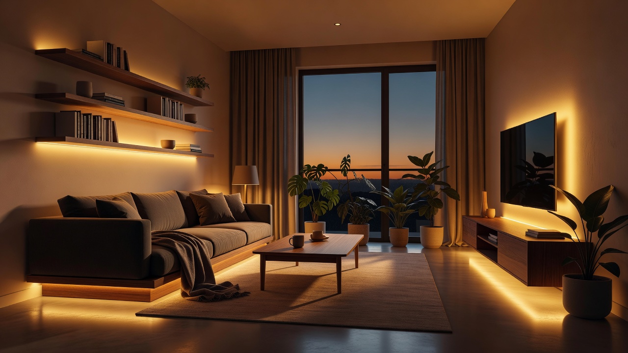 Warm ambient interior illuminated by automated AI lighting matching circadian rhythms